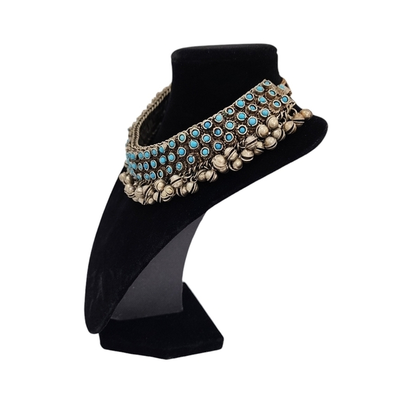 Rare Indian Antique Slivertone and Turquoise Necklace and Bracelet from 1950s - Picture 4 of 16